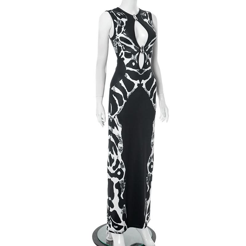 Holiday Glamour: Black & White Abstract Print Keyhole Maxi Dress