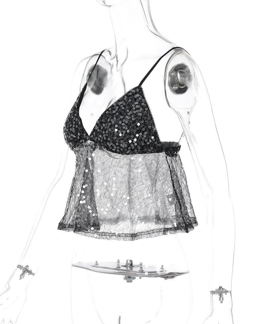 Glamorous Sequin & Sheer Babydoll Cami Top - Your Sparkle for Fall Parties & Holiday Nights