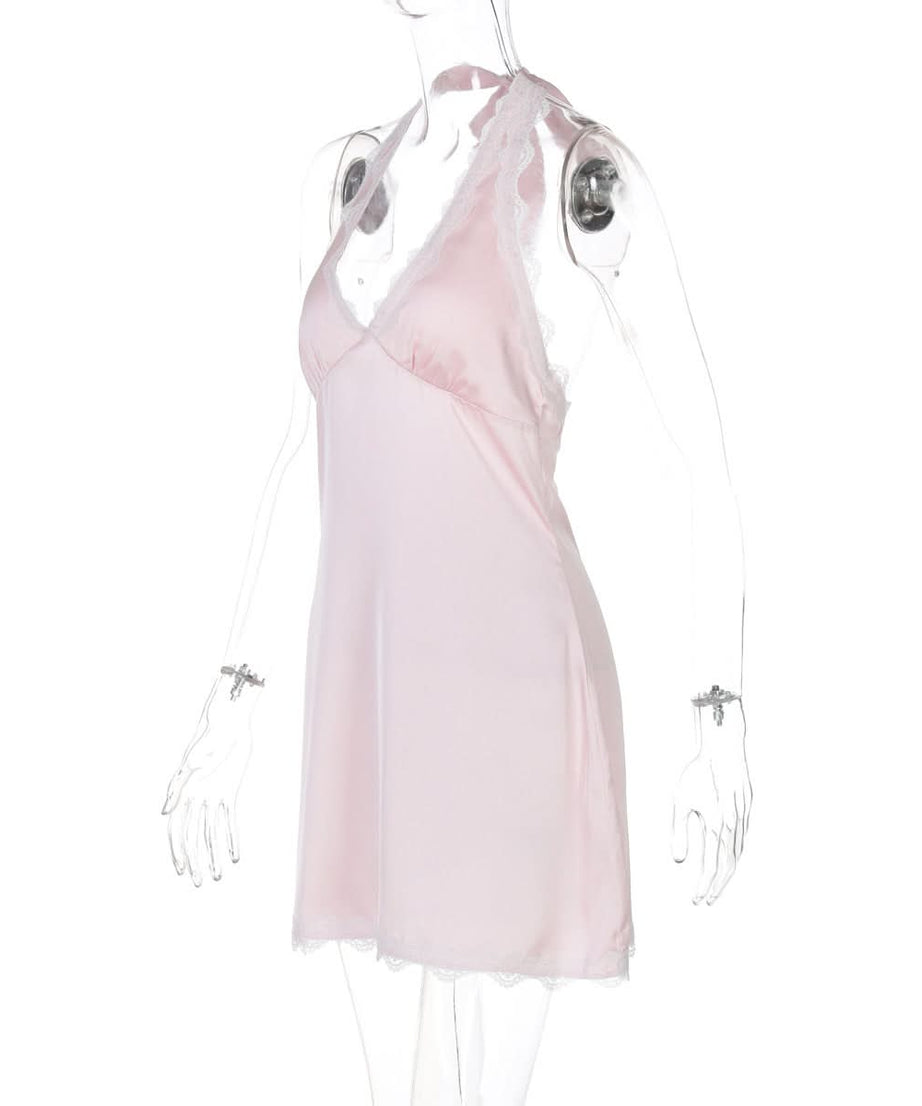 Dreamy Blush Pink Satin Halter Mini Dress – Romantic Lace Trim for Cozy Nights