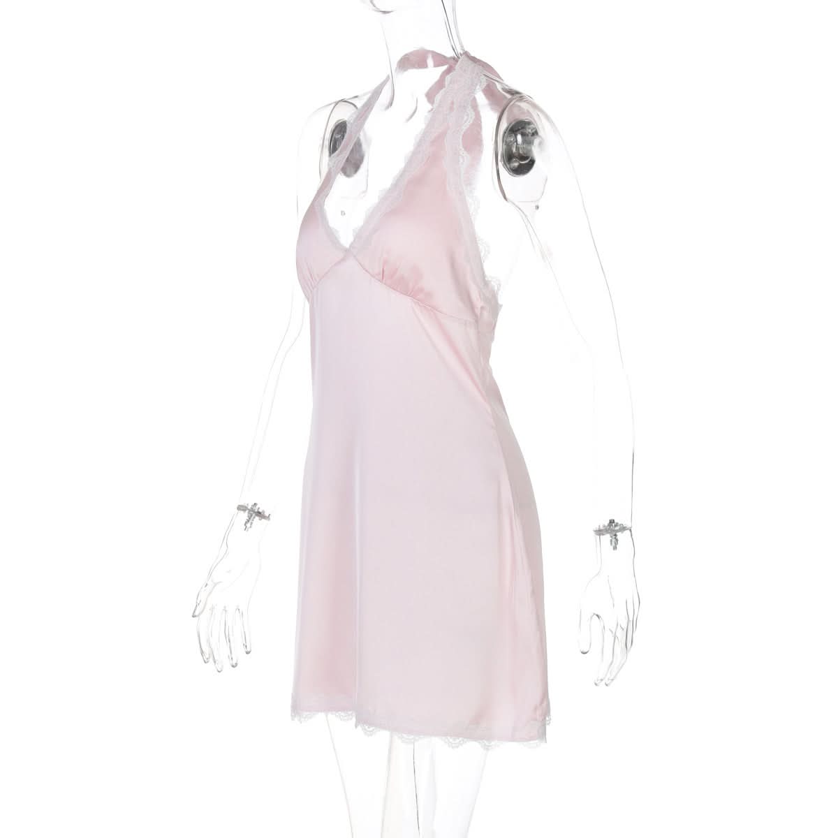 Dreamy Blush Pink Satin Halter Mini Dress – Romantic Lace Trim for Cozy Nights