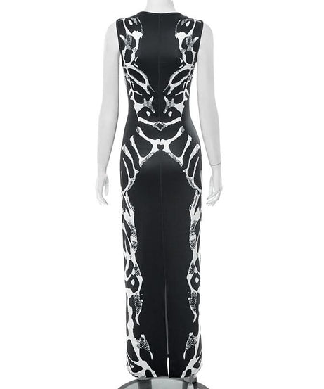 Holiday Glamour: Black & White Abstract Print Keyhole Maxi Dress