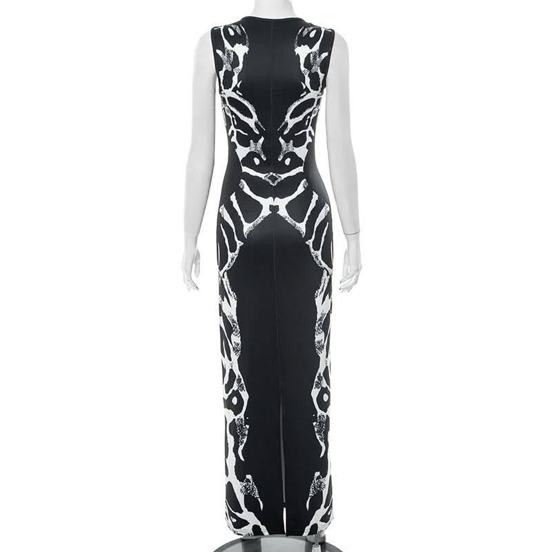 Holiday Glamour: Black & White Abstract Print Keyhole Maxi Dress