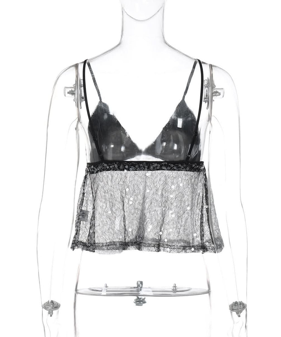 Glamorous Sequin & Sheer Babydoll Cami Top - Your Sparkle for Fall Parties & Holiday Nights