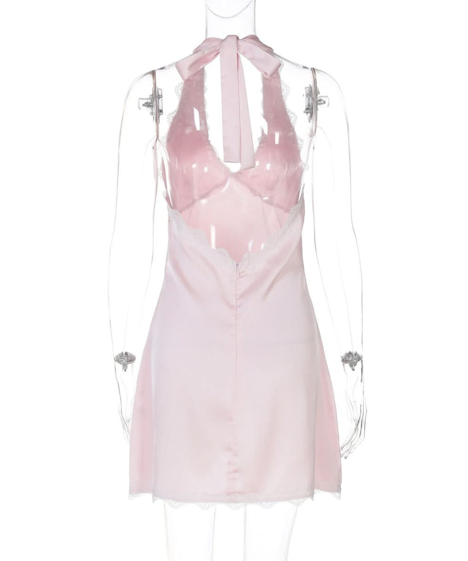 Dreamy Blush Pink Satin Halter Mini Dress – Romantic Lace Trim for Cozy Nights