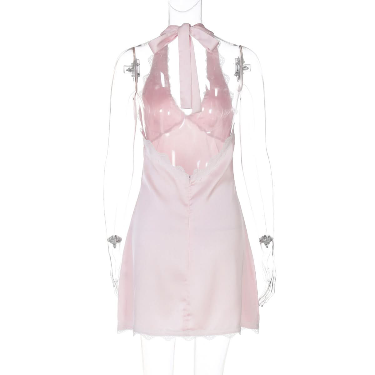 Dreamy Blush Pink Satin Halter Mini Dress – Romantic Lace Trim for Cozy Nights