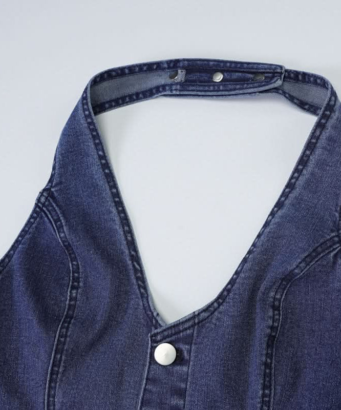 Retro Chic Halter Bell Bottom Jumpsuit: Belted Denim-Look for Fall Style