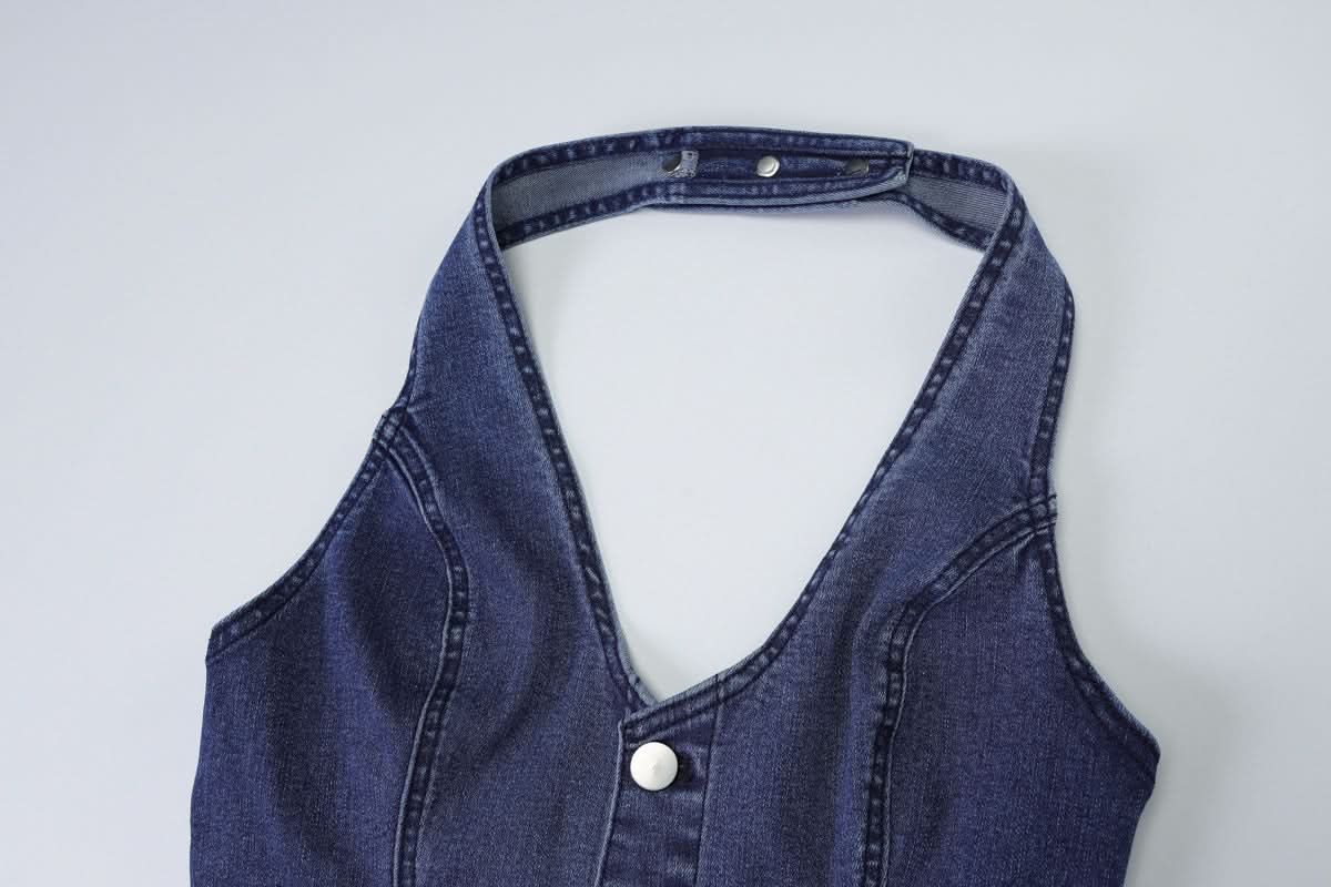 Retro Chic Halter Bell Bottom Jumpsuit: Belted Denim-Look for Fall Style