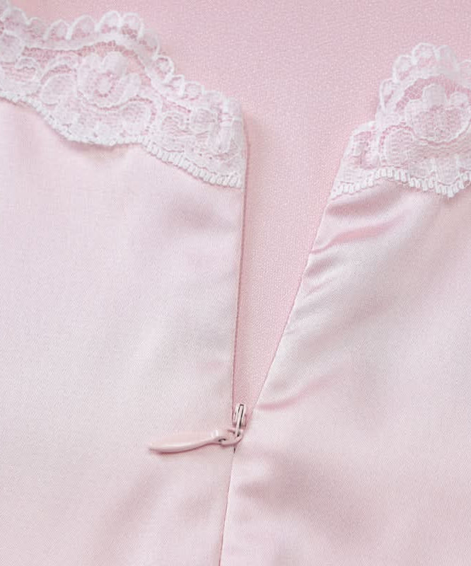 Dreamy Blush Pink Satin Halter Mini Dress – Romantic Lace Trim for Cozy Nights