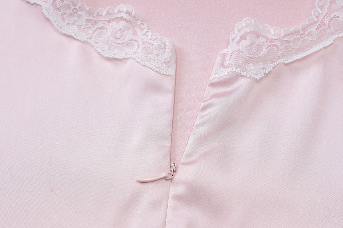 Dreamy Blush Pink Satin Halter Mini Dress – Romantic Lace Trim for Cozy Nights