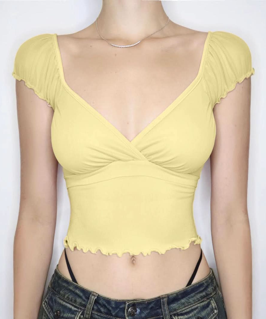 Butter Yellow Ruffle Crop Top | Sweetheart V-Neck Soft Knit for Effortless Fall Style