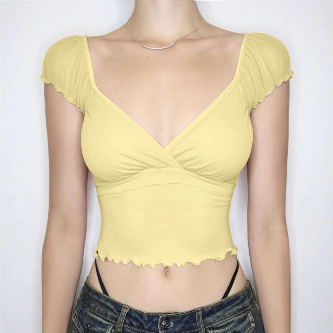 Butter Yellow Ruffle Crop Top | Sweetheart V-Neck Soft Knit for Effortless Fall Style