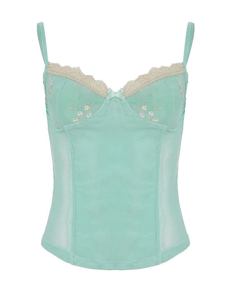 Coquette Dream: Floral Embroidered Mesh Corset Top with Lace Trim - Y2K Mint Green Camisole