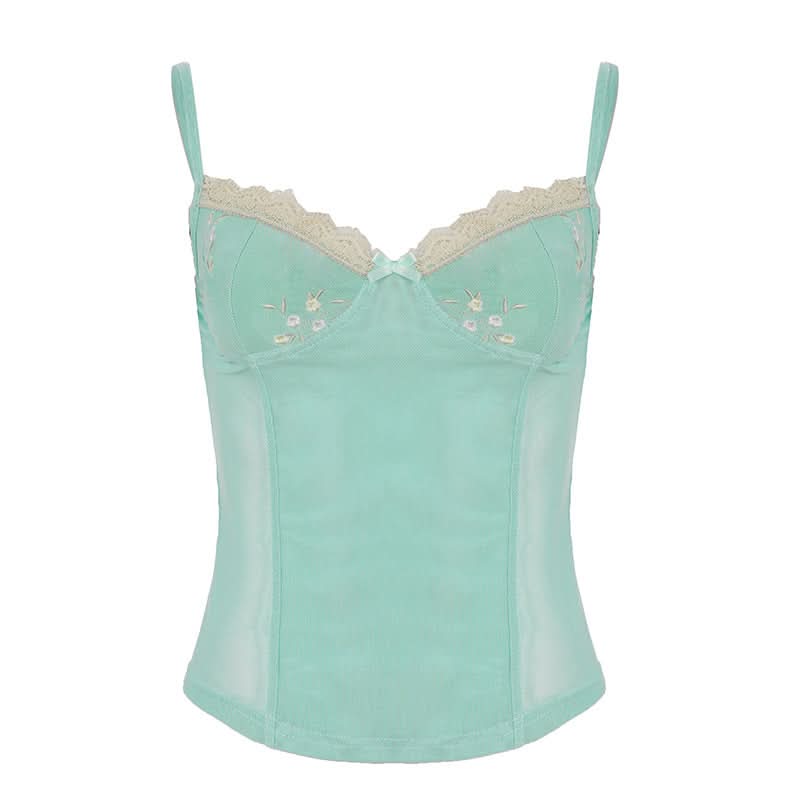 Coquette Dream: Floral Embroidered Mesh Corset Top with Lace Trim - Y2K Mint Green Camisole