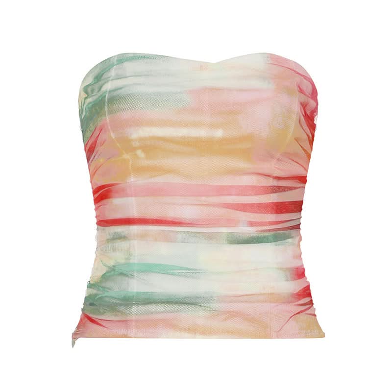 Effortless Chic: Vibrant Watercolor Mesh Strapless Top – Your Statement Piece for Fall & Beyond