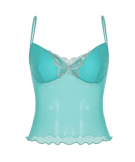 Coquette Dream: Floral Embroidered Mesh Corset Top with Lace Trim - Y2K Mint Green Camisole