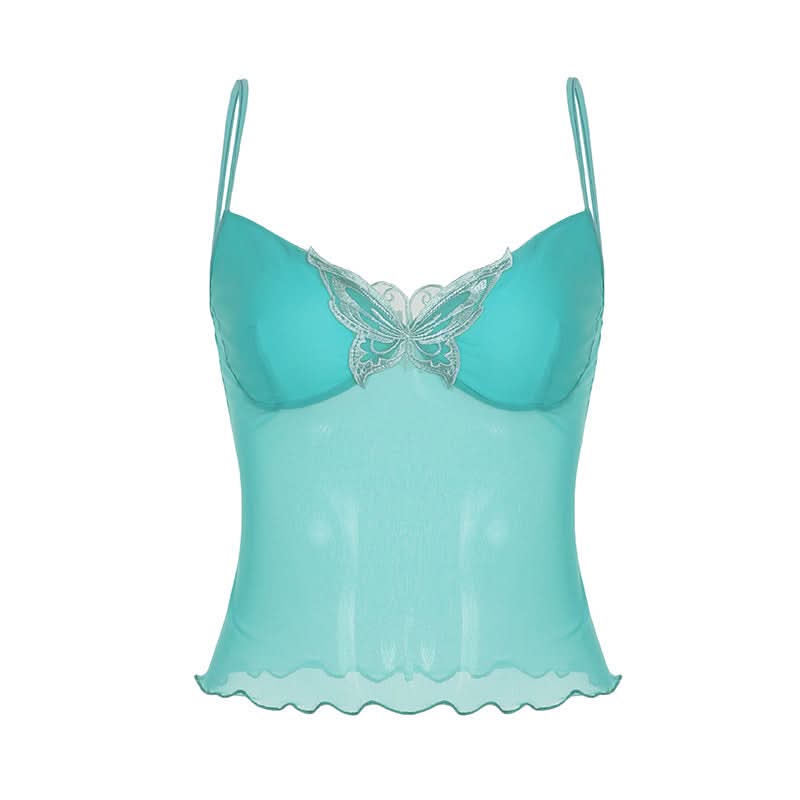 Coquette Dream: Floral Embroidered Mesh Corset Top with Lace Trim - Y2K Mint Green Camisole