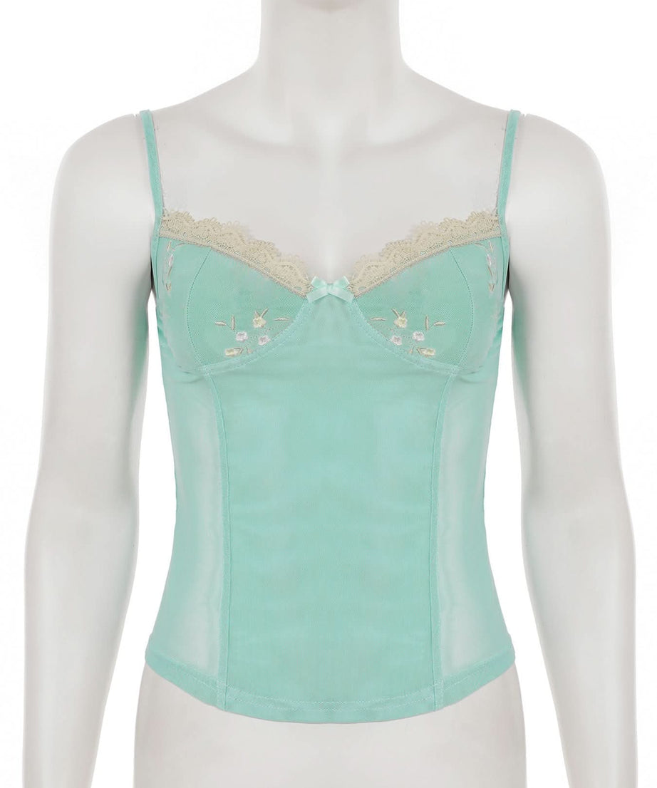 Coquette Dream: Floral Embroidered Mesh Corset Top with Lace Trim - Y2K Mint Green Camisole