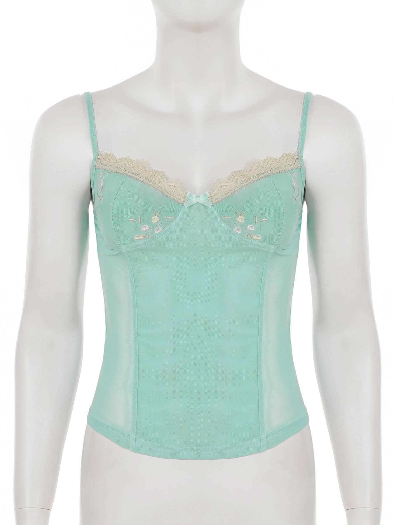 Coquette Dream: Floral Embroidered Mesh Corset Top with Lace Trim - Y2K Mint Green Camisole