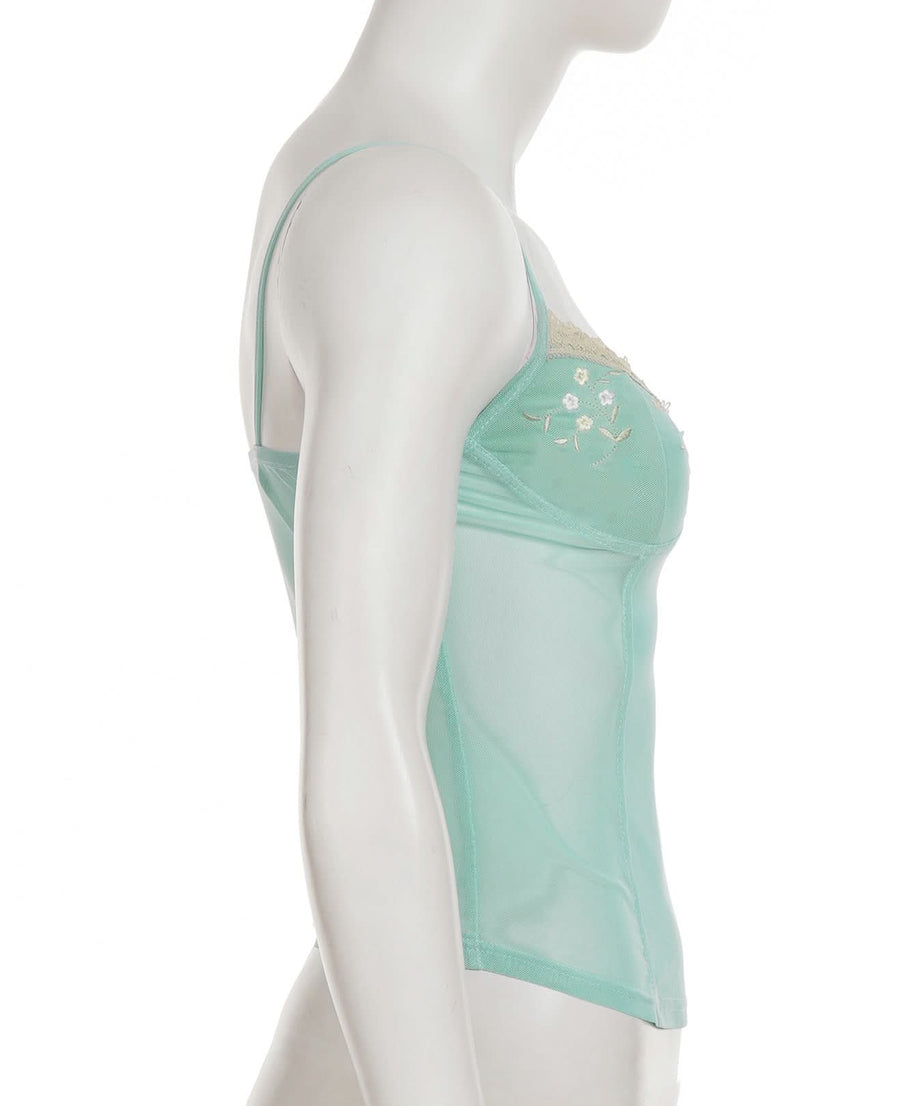 Coquette Dream: Floral Embroidered Mesh Corset Top with Lace Trim - Y2K Mint Green Camisole