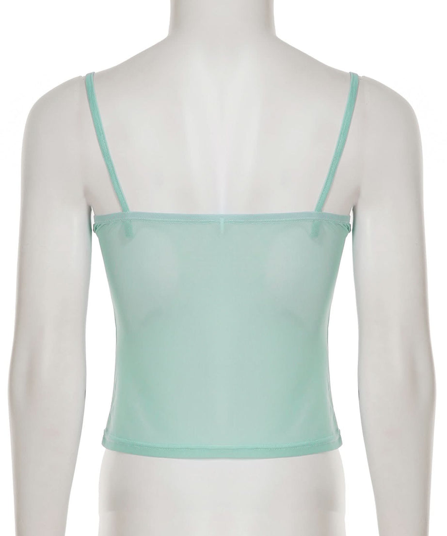 Coquette Dream: Floral Embroidered Mesh Corset Top with Lace Trim - Y2K Mint Green Camisole