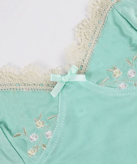 Coquette Dream: Floral Embroidered Mesh Corset Top with Lace Trim - Y2K Mint Green Camisole