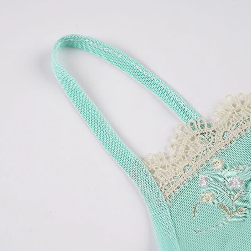 Coquette Dream: Floral Embroidered Mesh Corset Top with Lace Trim - Y2K Mint Green Camisole