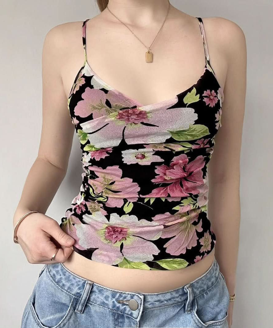 Chic Bloom Ruched Mesh Cami Top - Flattering Floral V-Neck for Effortless Style & Fall Layering