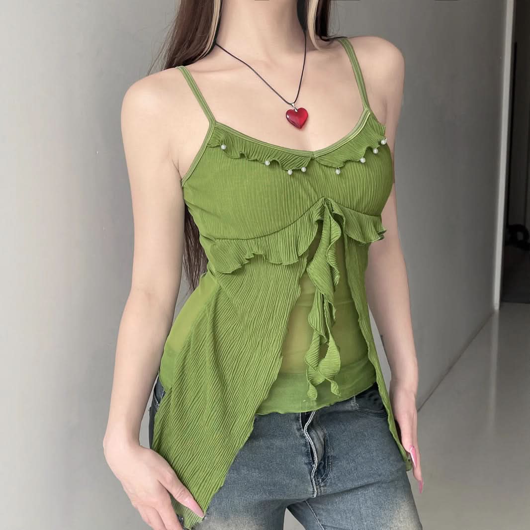 Y2K Fairy Grunge Green Ruffle Cami Top - Textured Split Hem & Sheer Layering