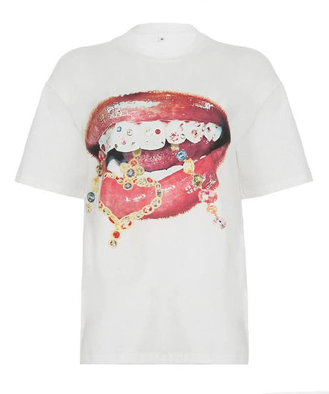 Glam Grills & Dripping Jewels Graphic Tee - Edgy Fall Statement Top for Women