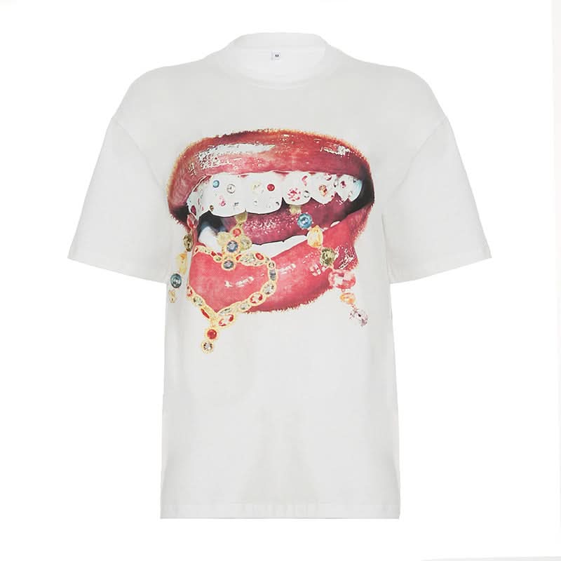 Glam Grills & Dripping Jewels Graphic Tee - Edgy Fall Statement Top for Women