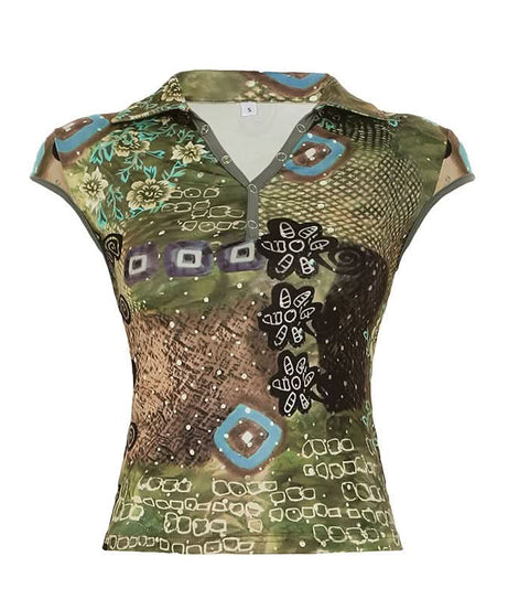 Fall Chic Y2K Abstract Print Collared V-Neck Top - Cap Sleeve & Fitted