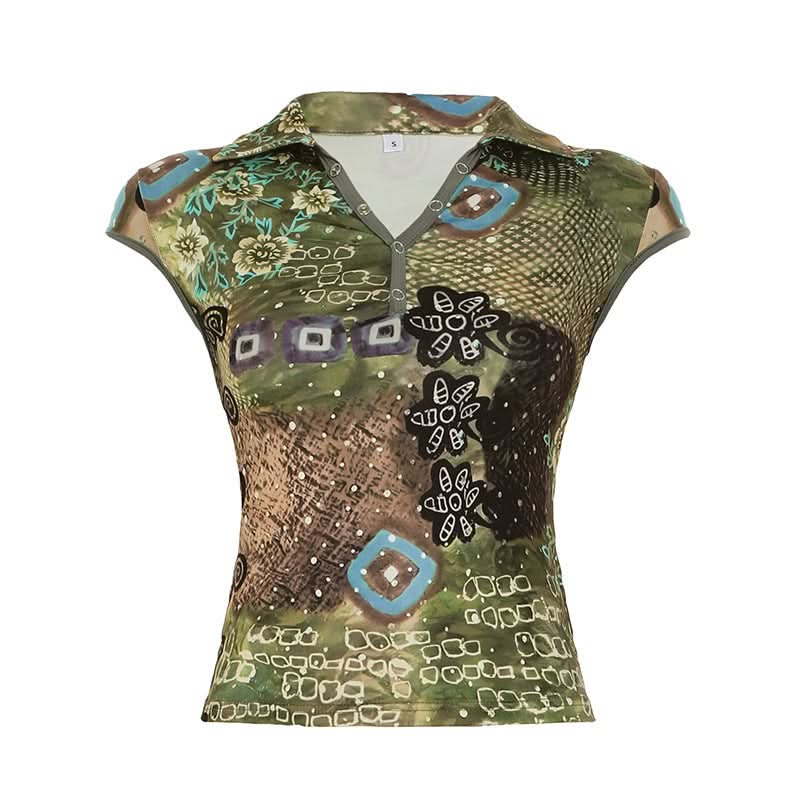 Fall Chic Y2K Abstract Print Collared V-Neck Top - Cap Sleeve & Fitted