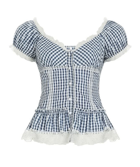 Effortless Fall Style: Chic Gingham Peplum Blouse with Romantic Lace & Puff Sleeves