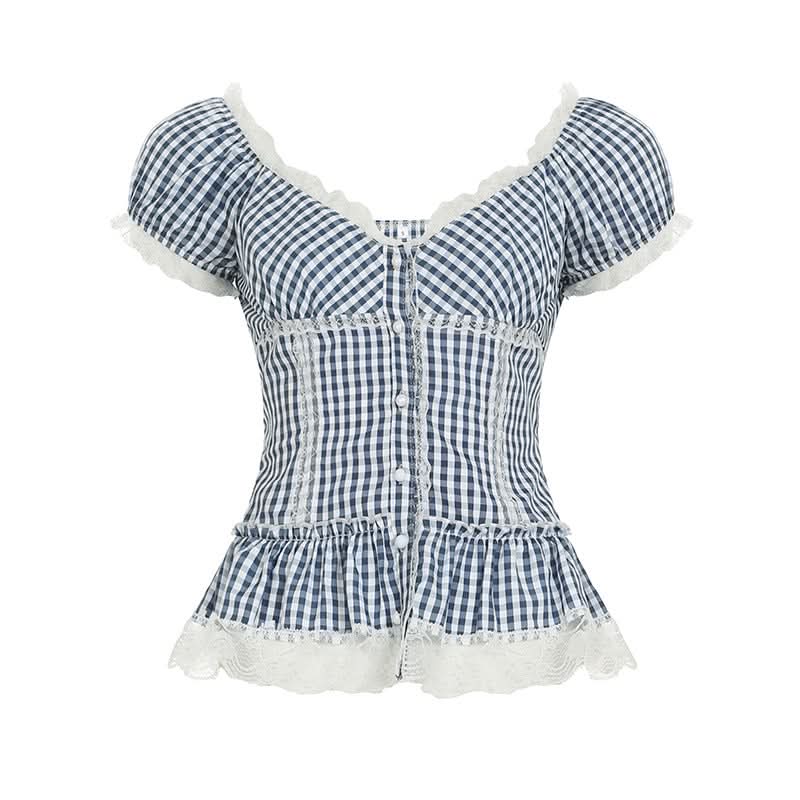 Effortless Fall Style: Chic Gingham Peplum Blouse with Romantic Lace & Puff Sleeves