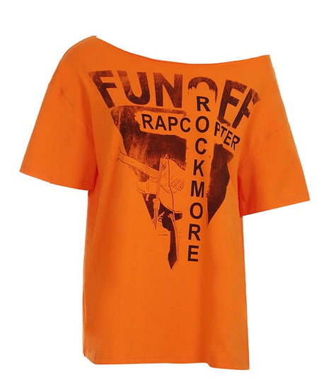 FUN OFF Rockmore Oversized Off-Shoulder Graphic Tee for Women | Edgy Fall Streetwear Top | Halloween Vibe