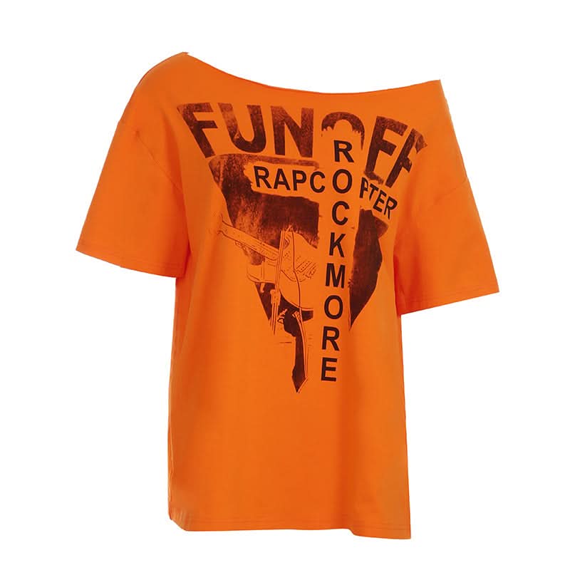 FUN OFF Rockmore Oversized Off-Shoulder Graphic Tee for Women | Edgy Fall Streetwear Top | Halloween Vibe