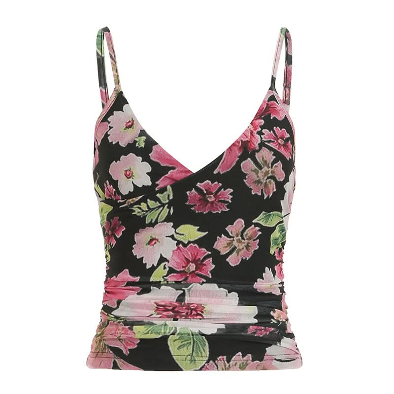 Chic Bloom Ruched Mesh Cami Top - Flattering Floral V-Neck for Effortless Style & Fall Layering