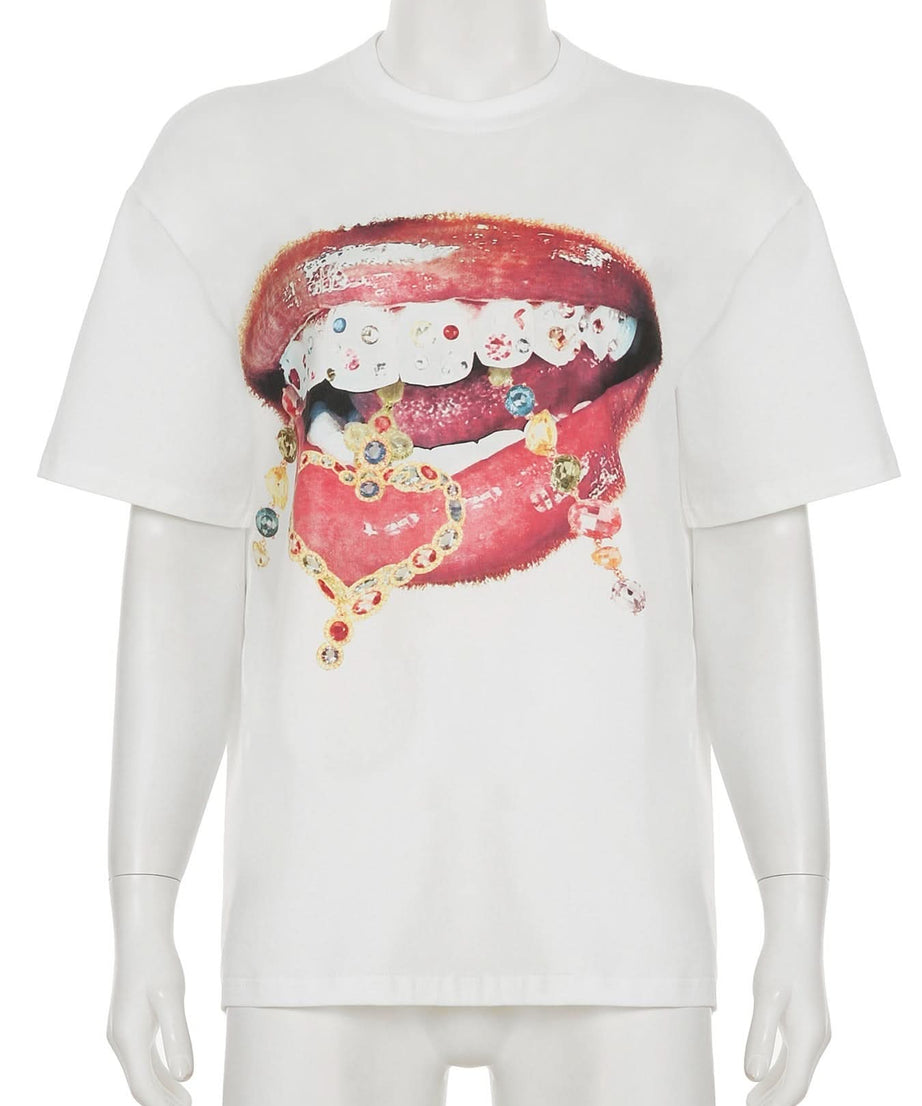 Glam Grills & Dripping Jewels Graphic Tee - Edgy Fall Statement Top for Women