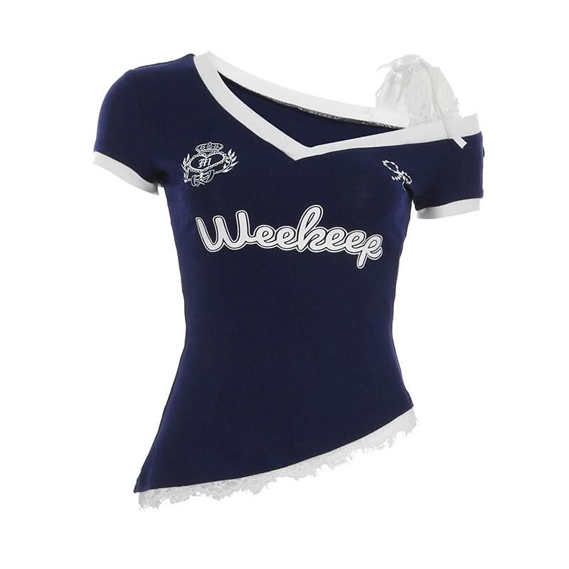 Weekeep Graphic Cold Shoulder V-Neck Tee | Lace Trim Fall '25 Fashion Top