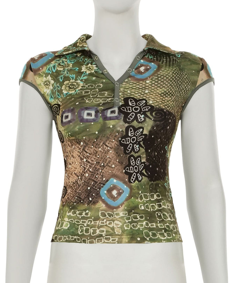 Fall Chic Y2K Abstract Print Collared V-Neck Top - Cap Sleeve & Fitted