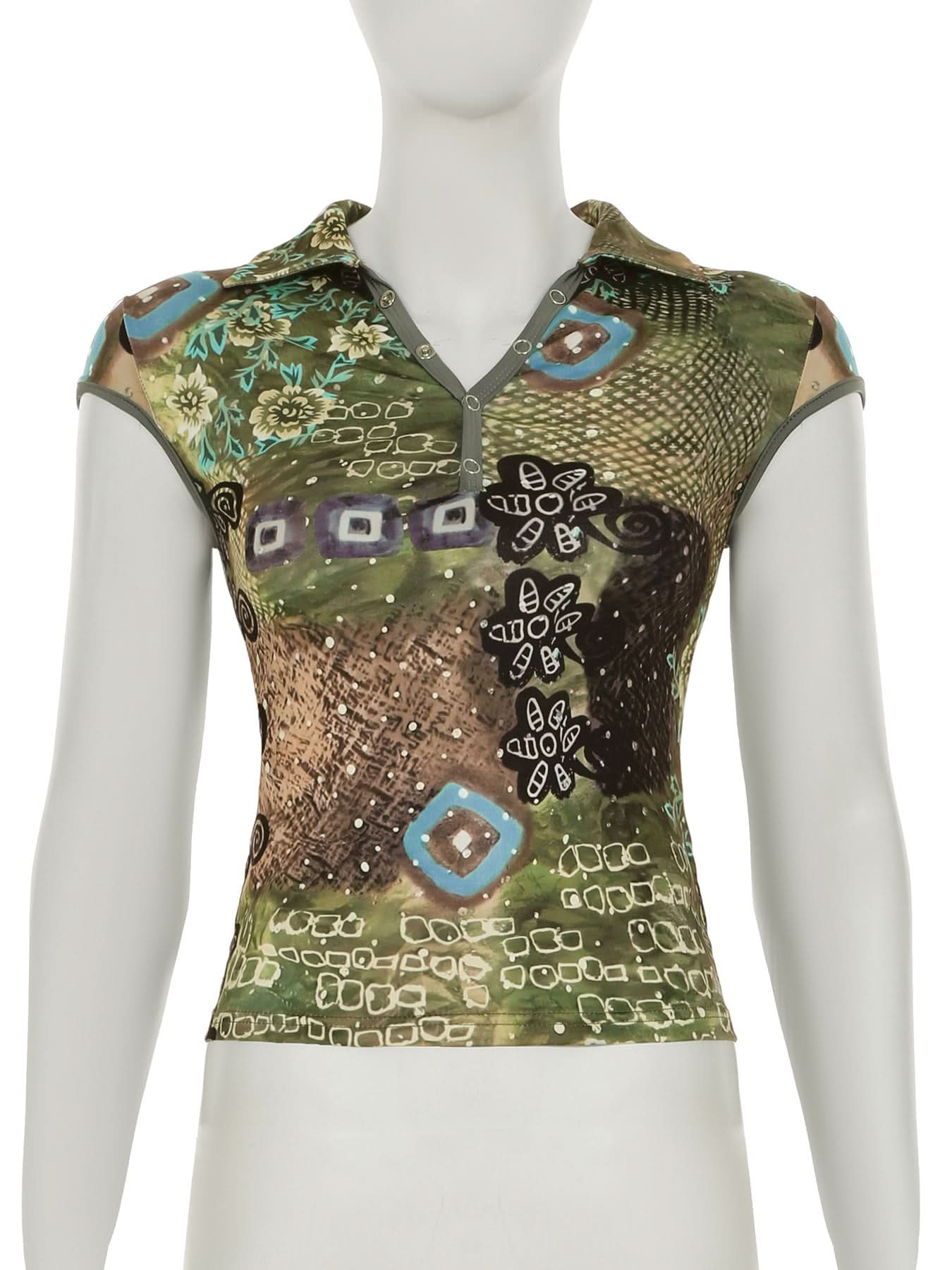 Fall Chic Y2K Abstract Print Collared V-Neck Top - Cap Sleeve & Fitted