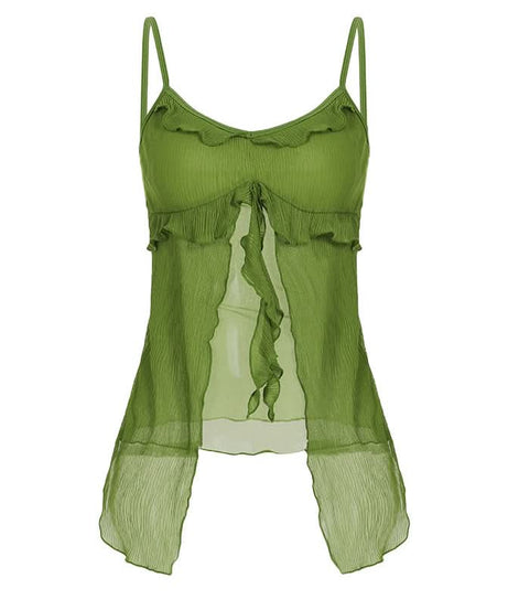 Y2K Fairy Grunge Green Ruffle Cami Top - Textured Split Hem & Sheer Layering