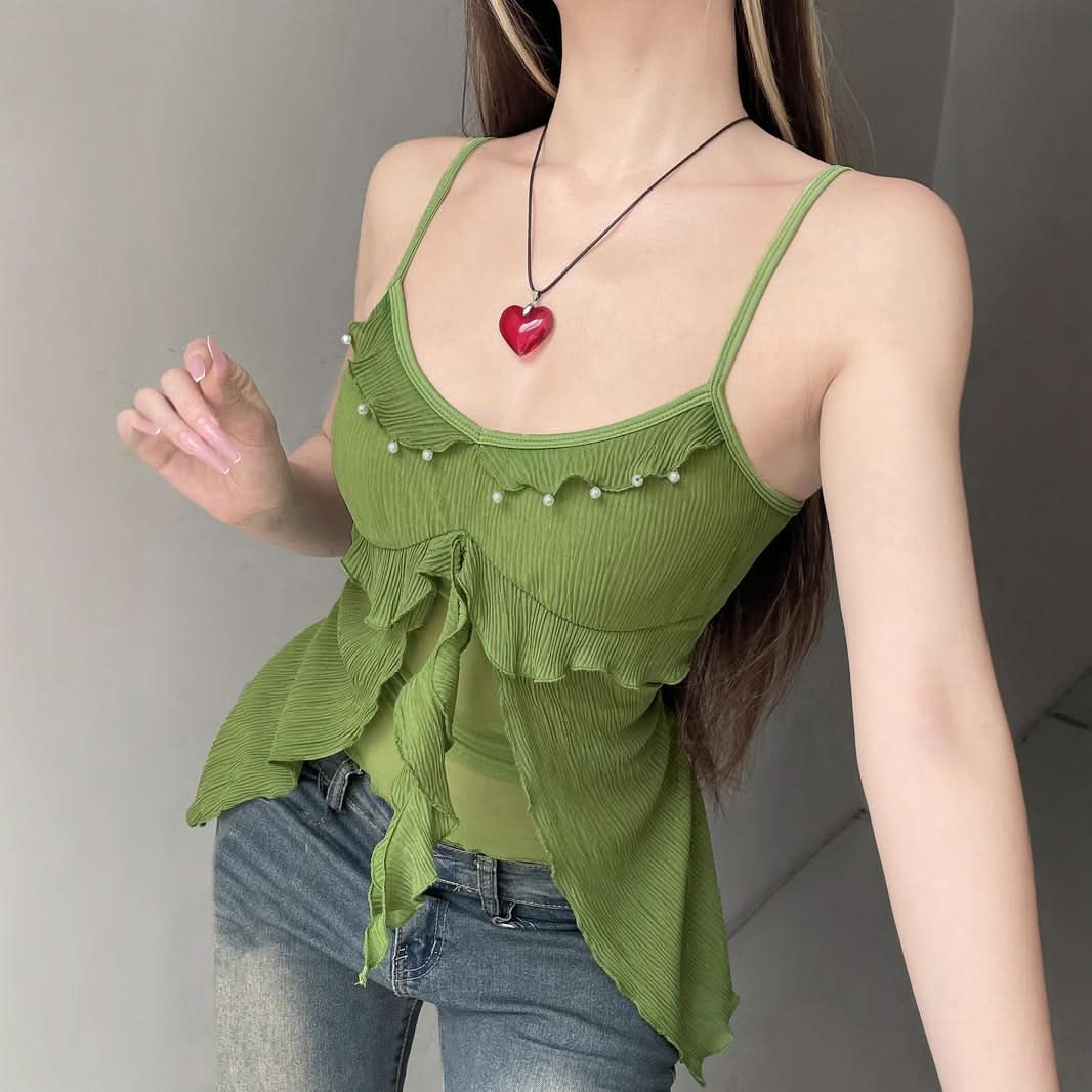 Y2K Fairy Grunge Green Ruffle Cami Top - Textured Split Hem & Sheer Layering