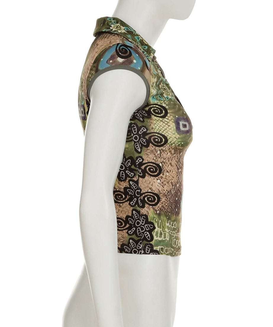 Fall Chic Y2K Abstract Print Collared V-Neck Top - Cap Sleeve & Fitted