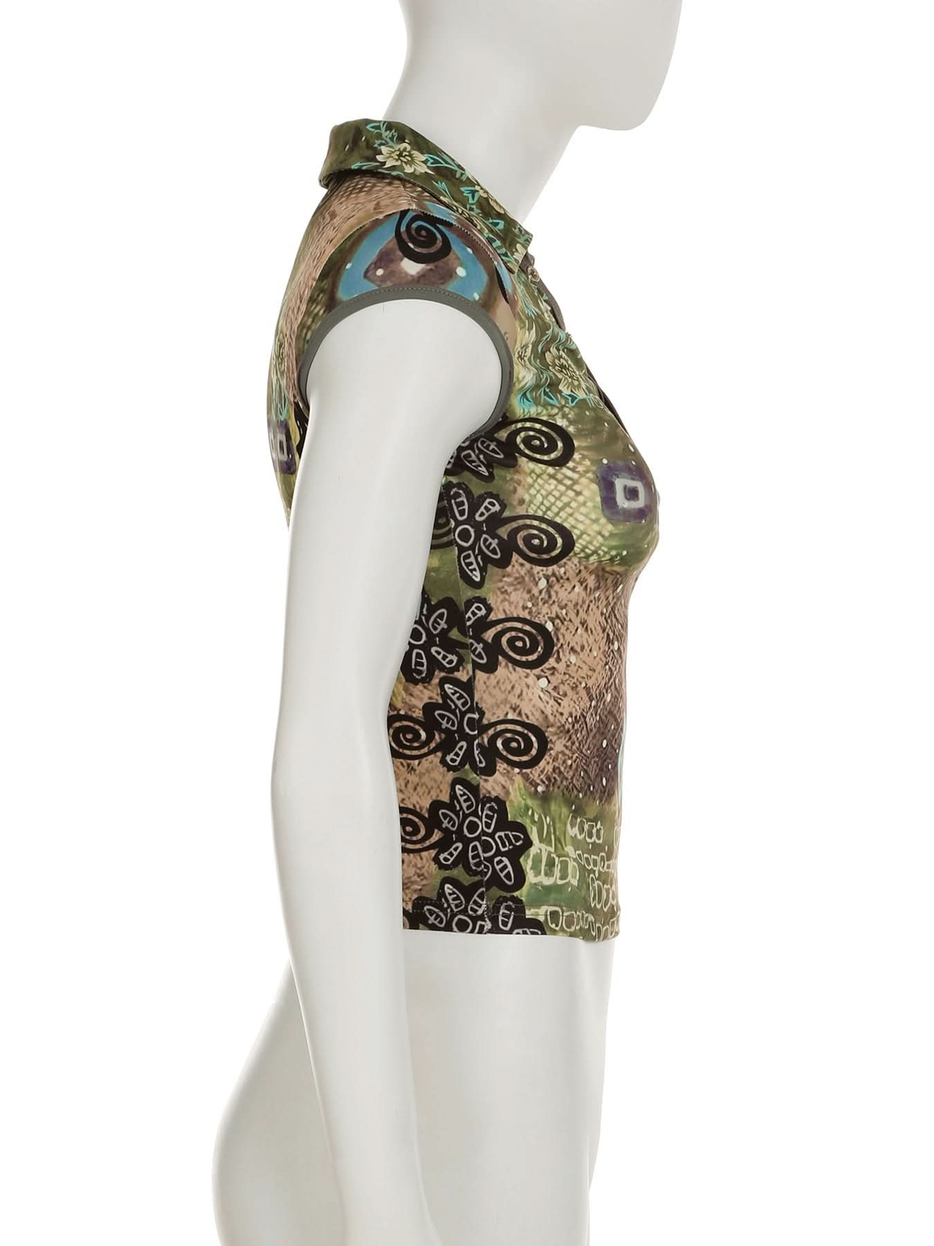 Fall Chic Y2K Abstract Print Collared V-Neck Top - Cap Sleeve & Fitted