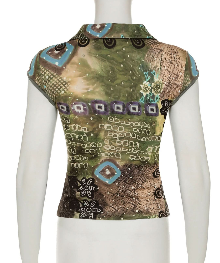 Fall Chic Y2K Abstract Print Collared V-Neck Top - Cap Sleeve & Fitted