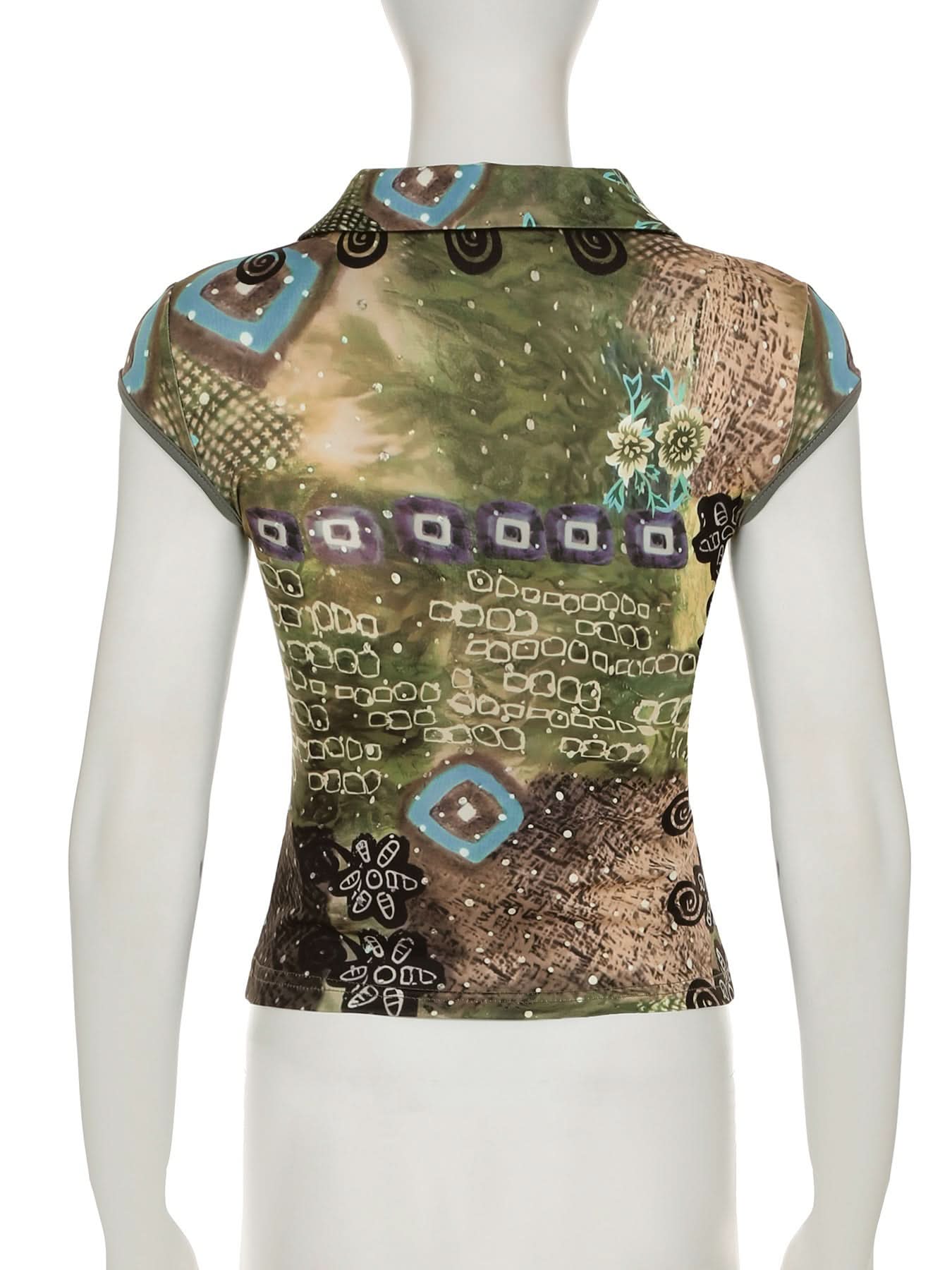 Fall Chic Y2K Abstract Print Collared V-Neck Top - Cap Sleeve & Fitted