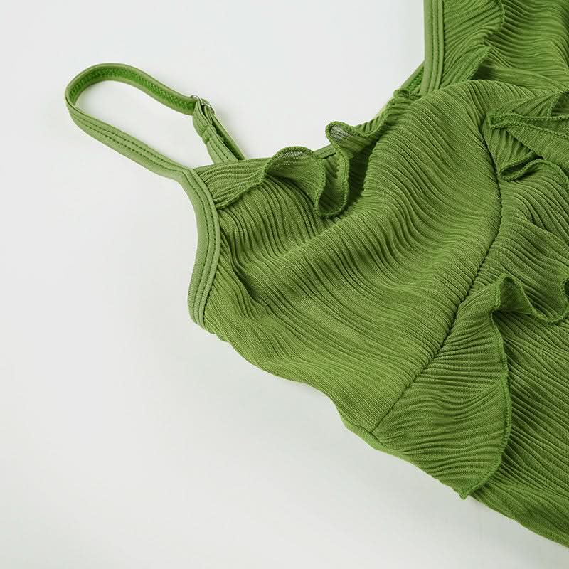 Y2K Fairy Grunge Green Ruffle Cami Top - Textured Split Hem & Sheer Layering
