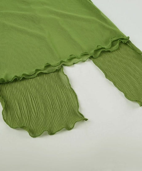 Y2K Fairy Grunge Green Ruffle Cami Top - Textured Split Hem & Sheer Layering