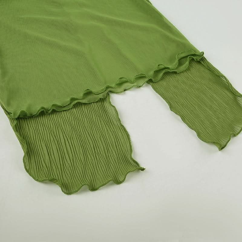 Y2K Fairy Grunge Green Ruffle Cami Top - Textured Split Hem & Sheer Layering